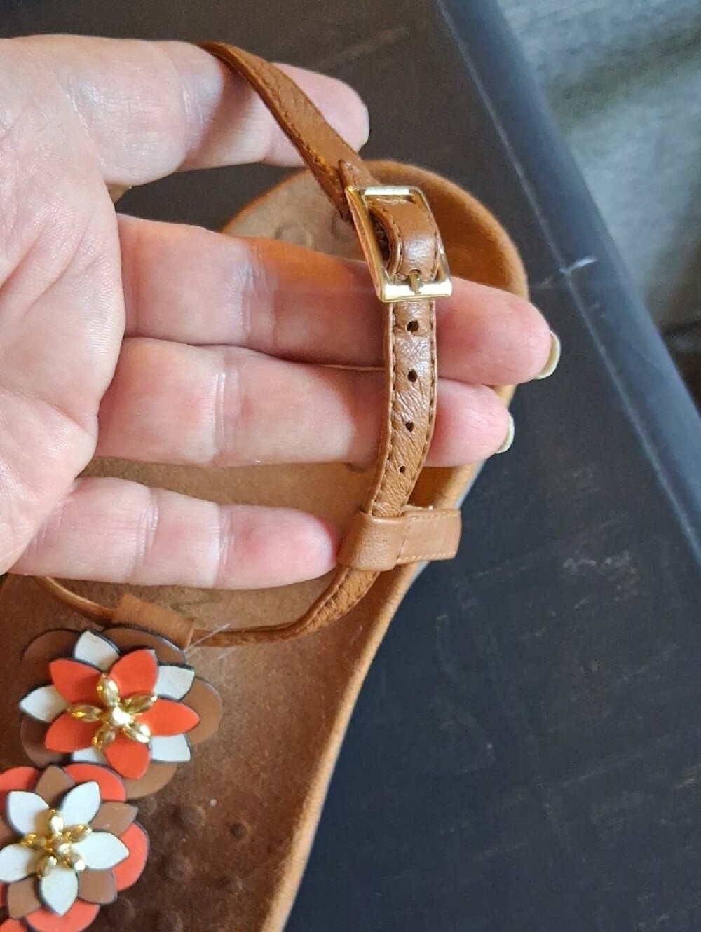 Vionic Brown Paulie T-Strap Sandals with Coral and White Floral Accents - Picture 10 of 14